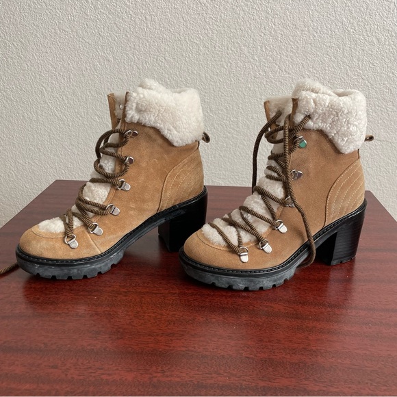 Marc Fisher Daven Hiker Heeled Leather Fur Lace Up Winter Boots - Picture 2 of 8